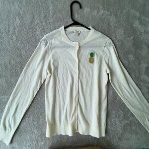J Crew The Caryn Cardigan Sweater Ivory with Embroidered Pineapple Size Medium